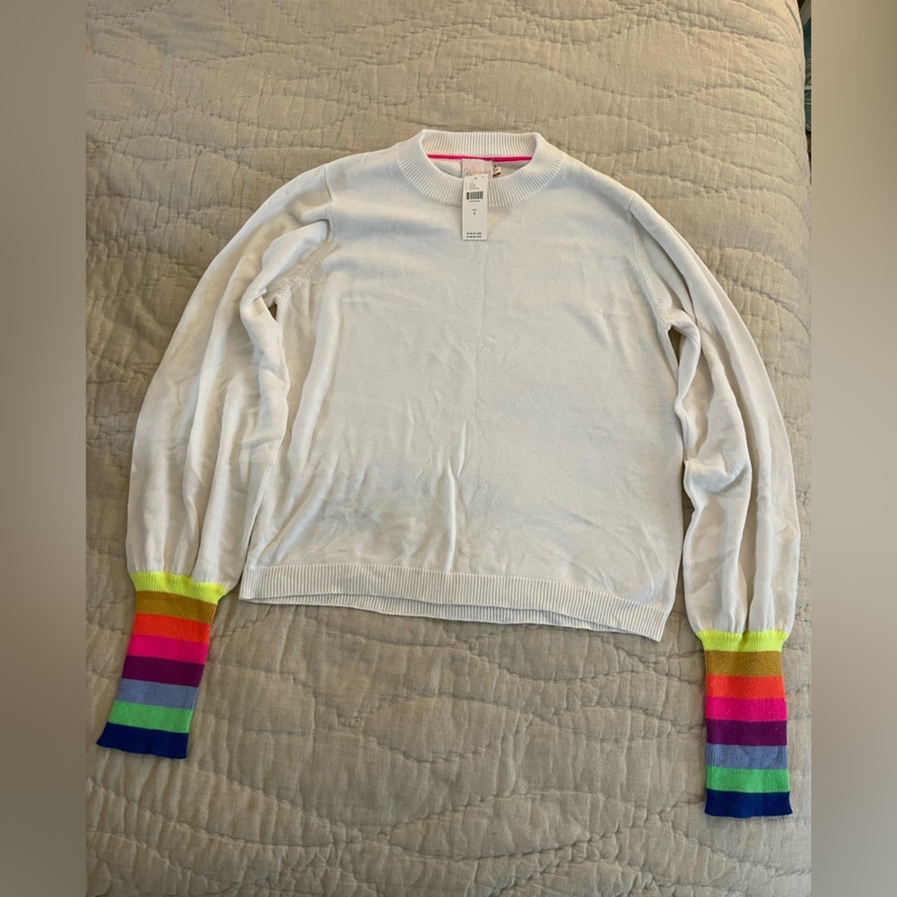 🤍 🌈 Whisper by Bodie White Sweater with Rainbow Cuffs sz S NWT